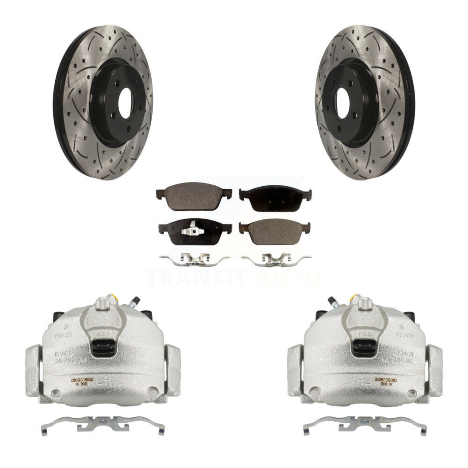 Front Brake Caliper Drilled Slot Rotor Semi-Metallic Pad Kit For 2013-2018 Ford Focus ST KCD-100175P
