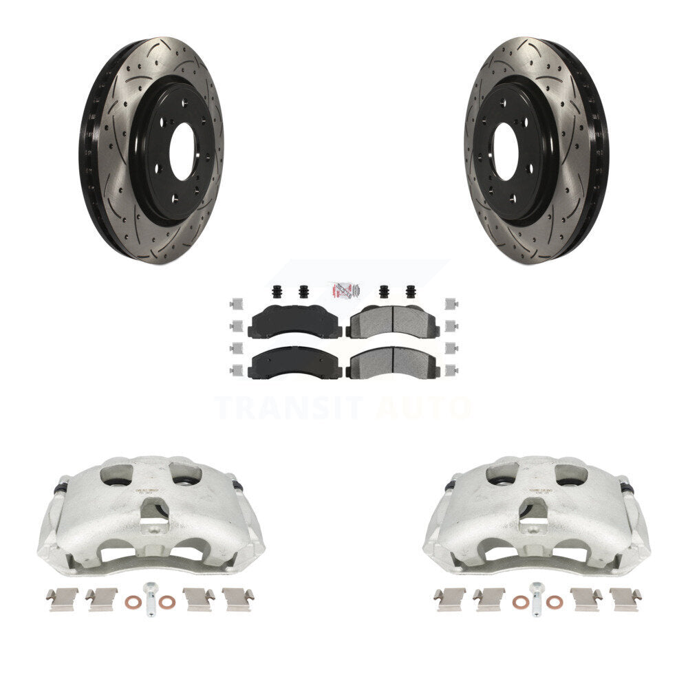 Front Disc Brake Coated Caliper Drilled Slotted Rotors And Semi-Metallic Pads Kit For 2010-2011 Ford F-150 With 7 Lug Wheels KCD-100176N by Transit Auto