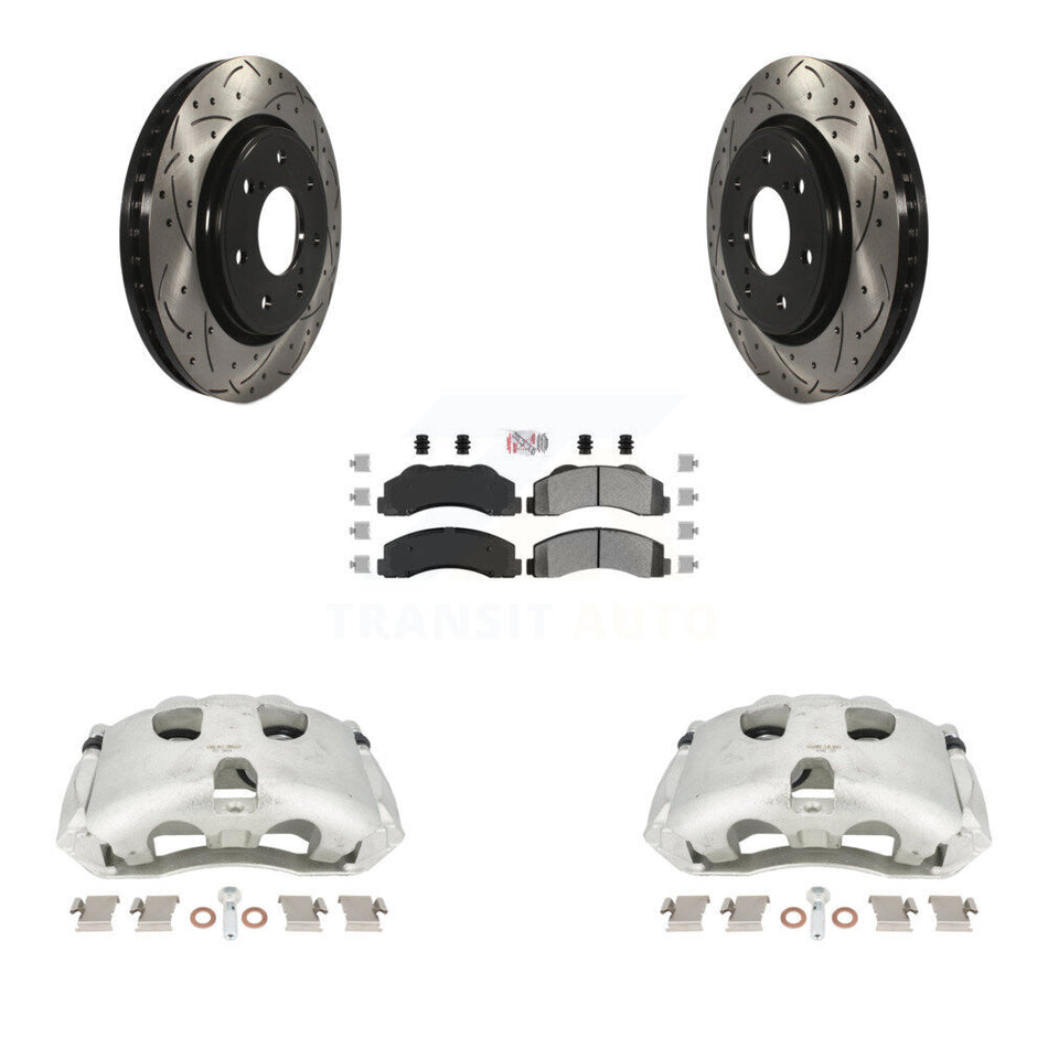 Front Disc Brake Coated Caliper Drilled Slotted Rotors And Semi-Metallic Pads Kit For 2010-2011 Ford F-150 With 7 Lug Wheels KCD-100176N by Transit Auto