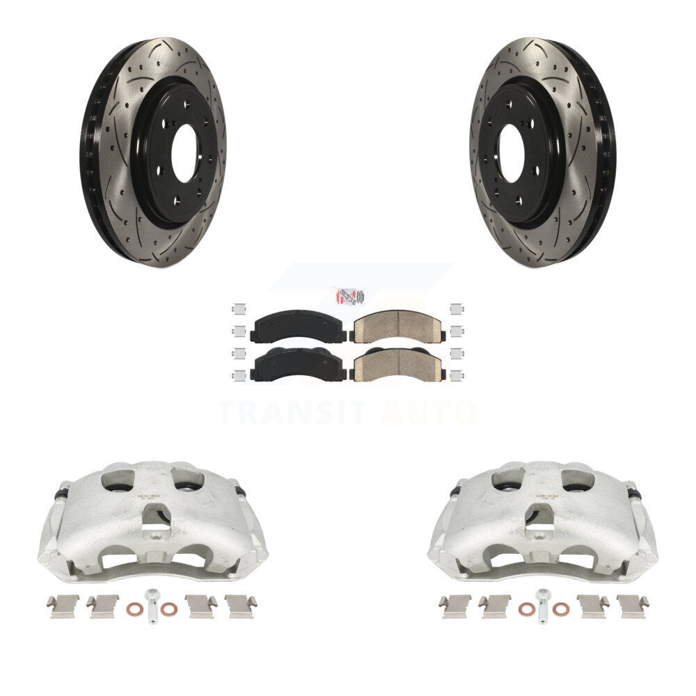 Front Disc Brake Coated Caliper Drilled Slotted Rotors And Ceramic Pads Kit For 2010-2011 Ford F-150 With 7 Lug Wheels KCD-100177N by Transit Auto