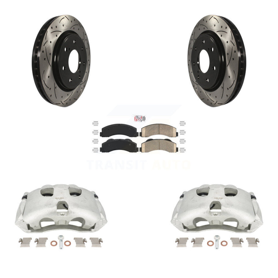 Front Disc Brake Coated Caliper Drilled Slotted Rotors And Ceramic Pads Kit For 2010-2011 Ford F-150 With 7 Lug Wheels KCD-100177N by Transit Auto