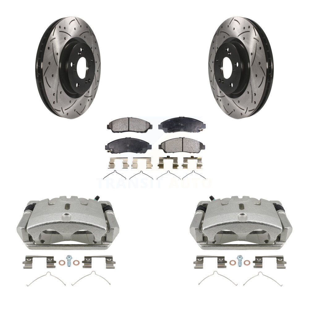 Front Brake Caliper Drill Slotted Rotors Semi-Metallic Pad Kit For 2009-2015 Honda Pilot KCD-100177P