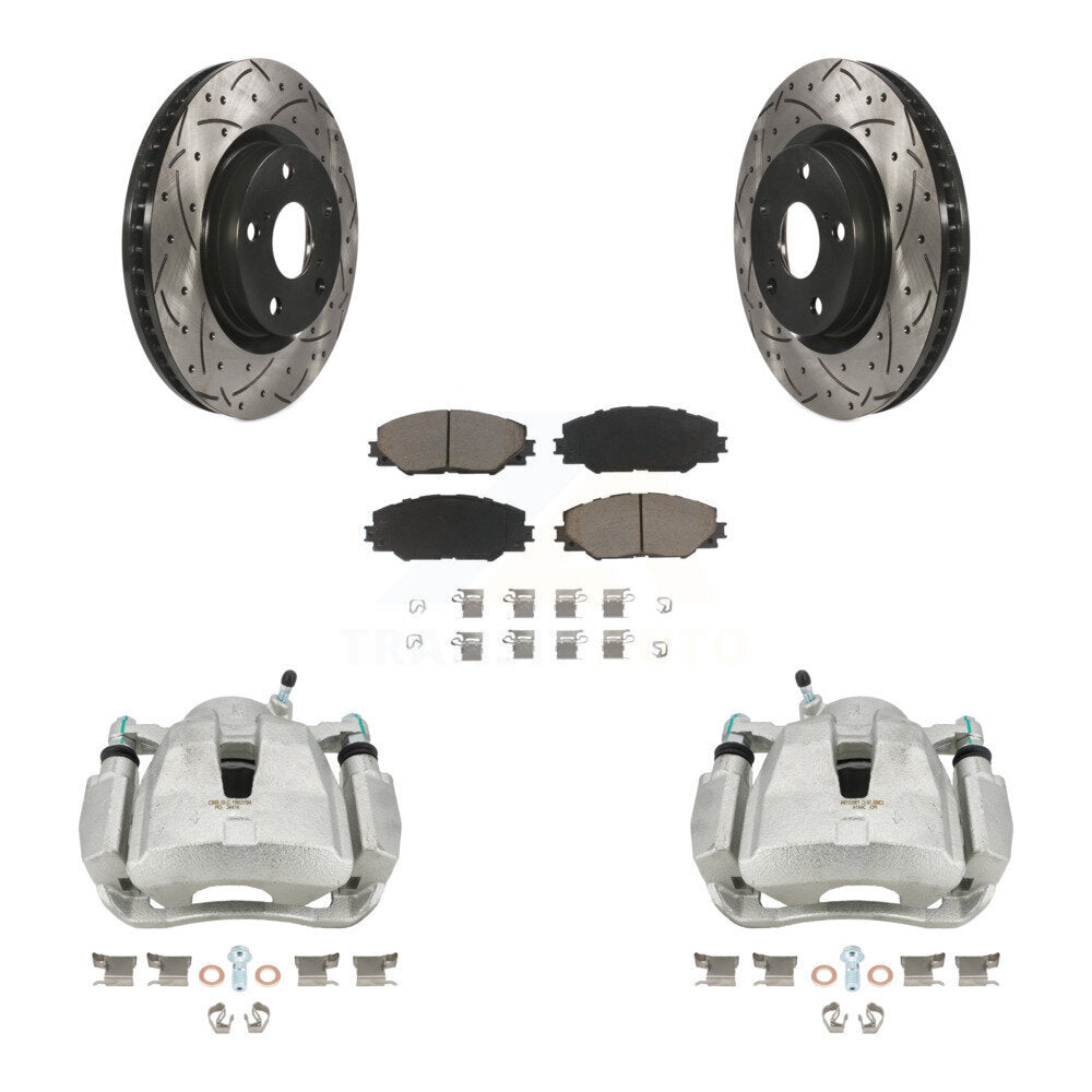 Front Disc Brake Coated Caliper Drilled Slotted Rotors And Ceramic Pads Kit For Toyota RAV4 Scion tC Matrix Pontiac Vibe Corolla iM Mirai KCD-100179C by Transit Auto