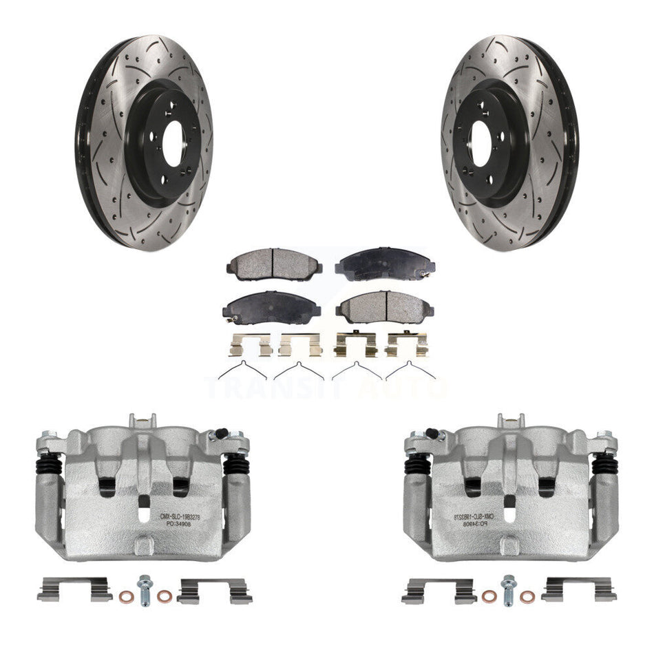 Front Disc Brake Coated Caliper Drilled Slotted Rotors Ceramic Pad Kit For Acura MDX ZDX KCD-100179T