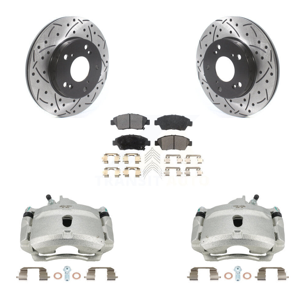 Front Disc Brake Coated Caliper Drilled Slotted Rotors And Semi-Metallic Pads Kit For 2004-2005 Honda Civic Si with 1.7L With 5 Lug Wheels KCD-100186P by Transit Auto