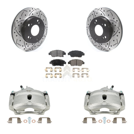 Front Disc Brake Coated Caliper Drilled Slotted Rotors And Ceramic Pads Kit For 2004-2005 Honda Civic Si with 1.7L With 5 Lug Wheels KCD-100189T by Transit Auto