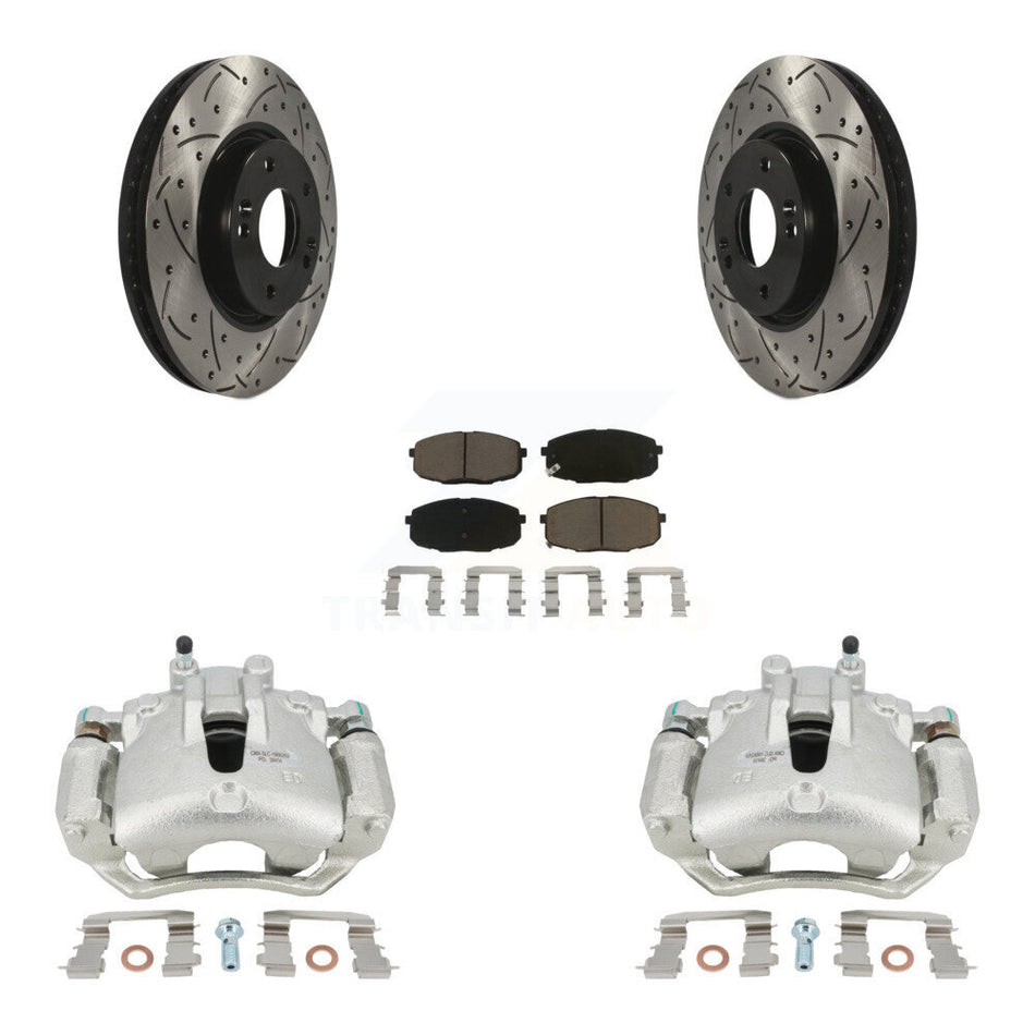 Front Disc Brake Coated Caliper Drilled Slotted Rotors And Ceramic Pads Kit For Kia Forte5 2.0L KCD-100204C by Transit Auto