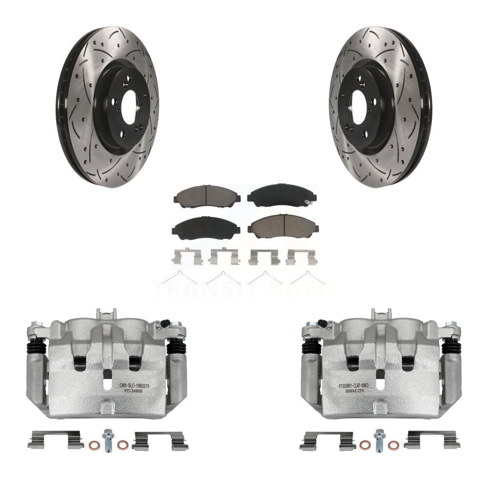Front Disc Brake Coated Caliper Drilled Slotted Rotors Ceramic Pad Kit For Acura MDX ZDX KCD-100210C