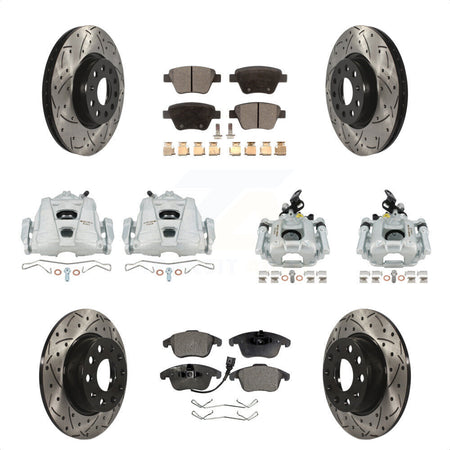 Front Rear Disc Brake Coated Caliper Drilled Slotted Rotors And Ceramic Pads Kit (10Pc) For Volkswagen Passat KCD-100218T by Transit Auto