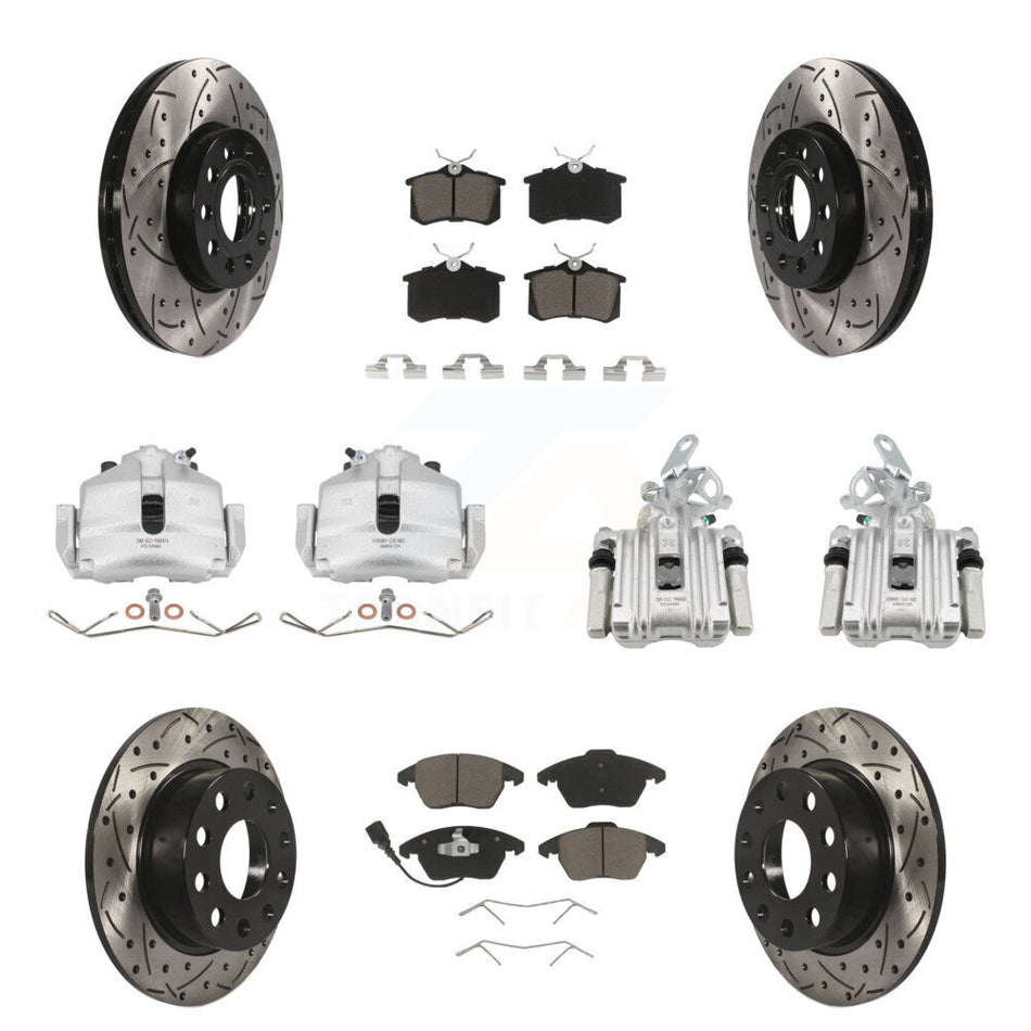 Front Rear Brake Caliper Drill Slotted Rotor Ceramic Pad Kit (10Pc) For Volkswagen Jetta KCD-100220C