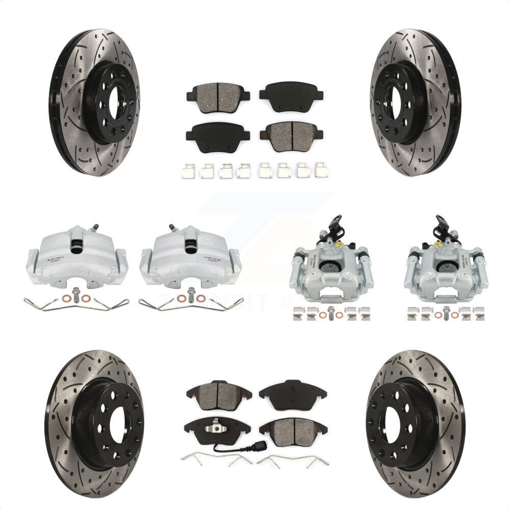 Front Rear Disc Brake Coated Caliper Drill Slotted Rotors Semi-Metallic Pad Kit (10Pc) For 2012 Volkswagen Beetle 2.5L with Naturally Aspirated With 288mm Diameter Rotor KCD-100240S by Transit Auto