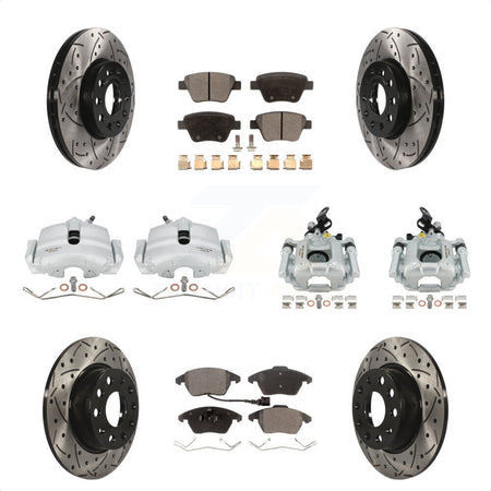 Front Rear Disc Brake Coated Caliper Drill Slotted Rotors Semi-Metallic Pad Kit (10Pc) For 2012 Volkswagen Beetle 2.5L with Naturally Aspirated With 288mm Diameter Rotor KCD-100246P by Transit Auto