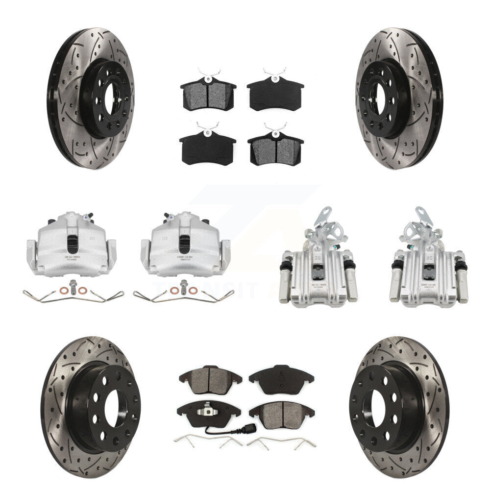 Front Rear Brake Caliper Drill Slotted Rotor Semi-Metallic Pad Kit (10Pc) For Volkswagen KCD-100246S