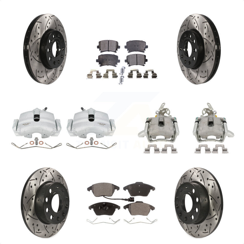 Front Rear Disc Brake Coated Caliper Drilled Slotted Rotors And Ceramic Pads Kit (10Pc) For 2006-2009 Volkswagen Rabbit KCD-100265T by Transit Auto