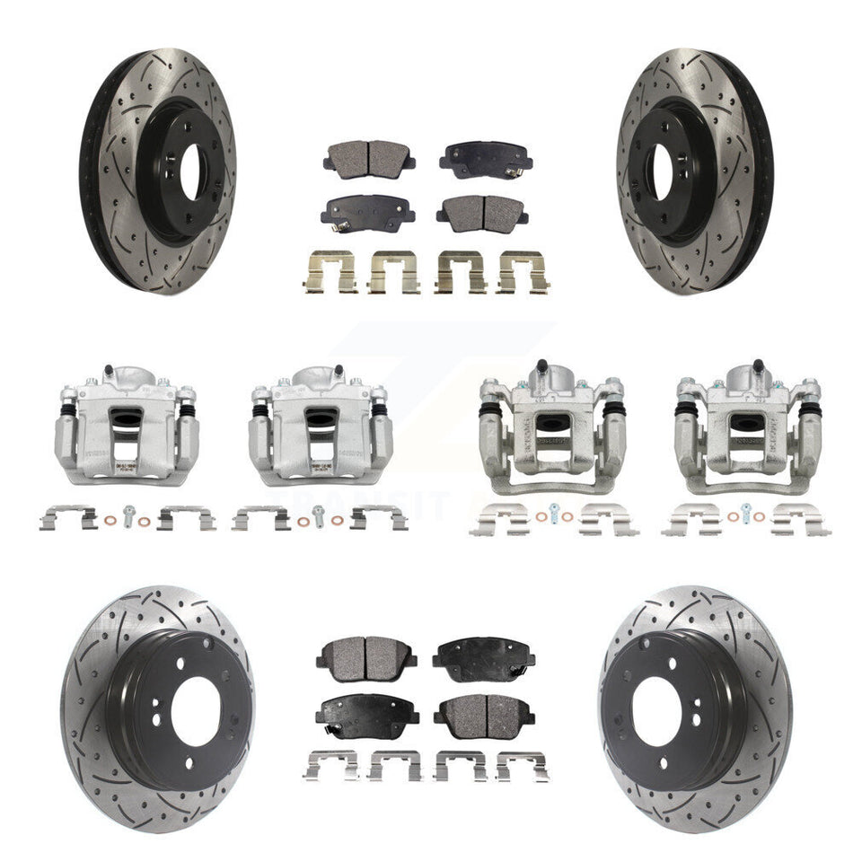 Front Rear Brake Caliper Drilled Slot Rotor Semi-Metallic Pad Kit (10Pc) For Hyundai Kia KCD-100267P