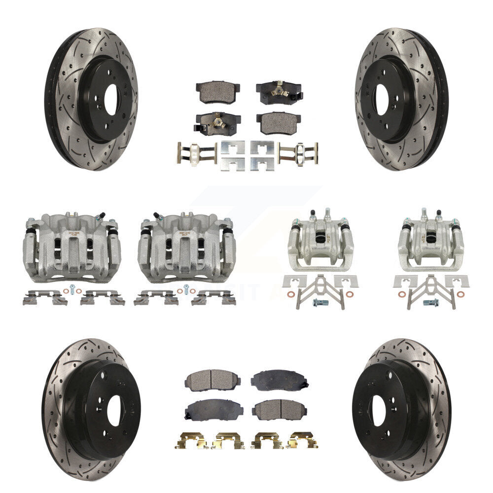 Front Rear Brake Caliper Drill Slotted Rotor Ceramic Pad Kit (10Pc) For Honda CR-V Acura KCD-100270T