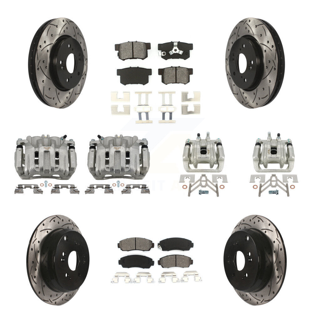 Front Rear Brake Caliper Drill Slotted Rotor Semi-Metallic Pad Kit (10Pc) For Honda CR-V KCD-100272S