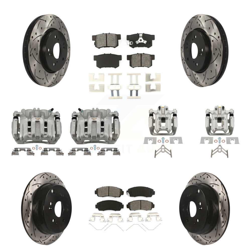 Front Rear Brake Caliper Drill Slotted Rotor Semi-Metallic Pad Kit (10Pc) For Honda CR-V KCD-100274S