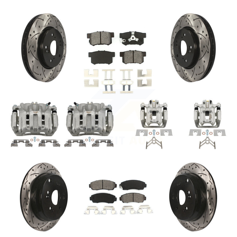 Front Rear Brake Caliper Drill Slotted Rotor Semi-Metallic Pad Kit (10Pc) For Honda CR-V KCD-100275S