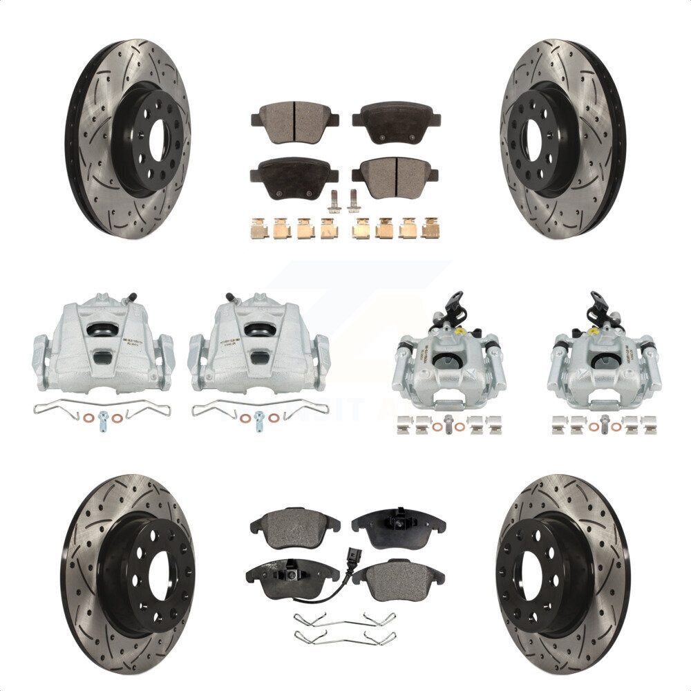 Front Rear Disc Brake Coated Caliper Drilled Slotted Rotors And Semi-Metallic Pads Kit (10Pc) For Volkswagen Passat KCD-100277P by Transit Auto