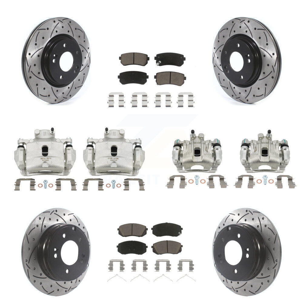 Front Rear Brake Coat Caliper Drill Slot Rotor Ceramic Pad Kit (10Pc) For Hyundai Sonata KCD-100291C