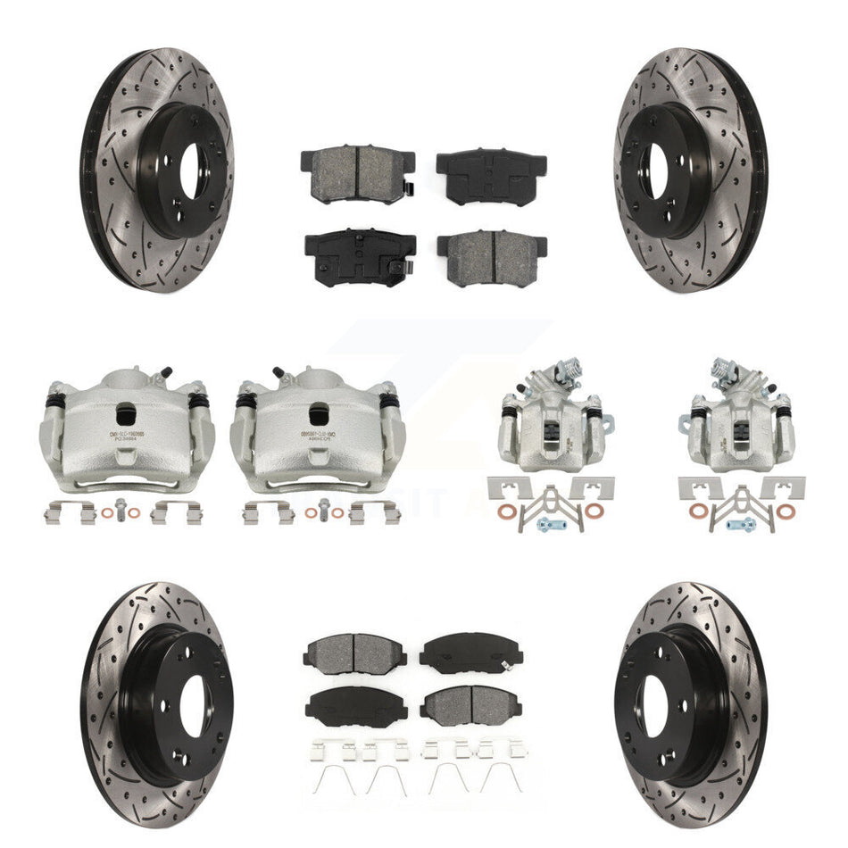 Front Rear Brake Caliper Drilled Slot Rotor Semi-Metallic Pad Kit (10Pc) For Honda Civic KCD-100294S