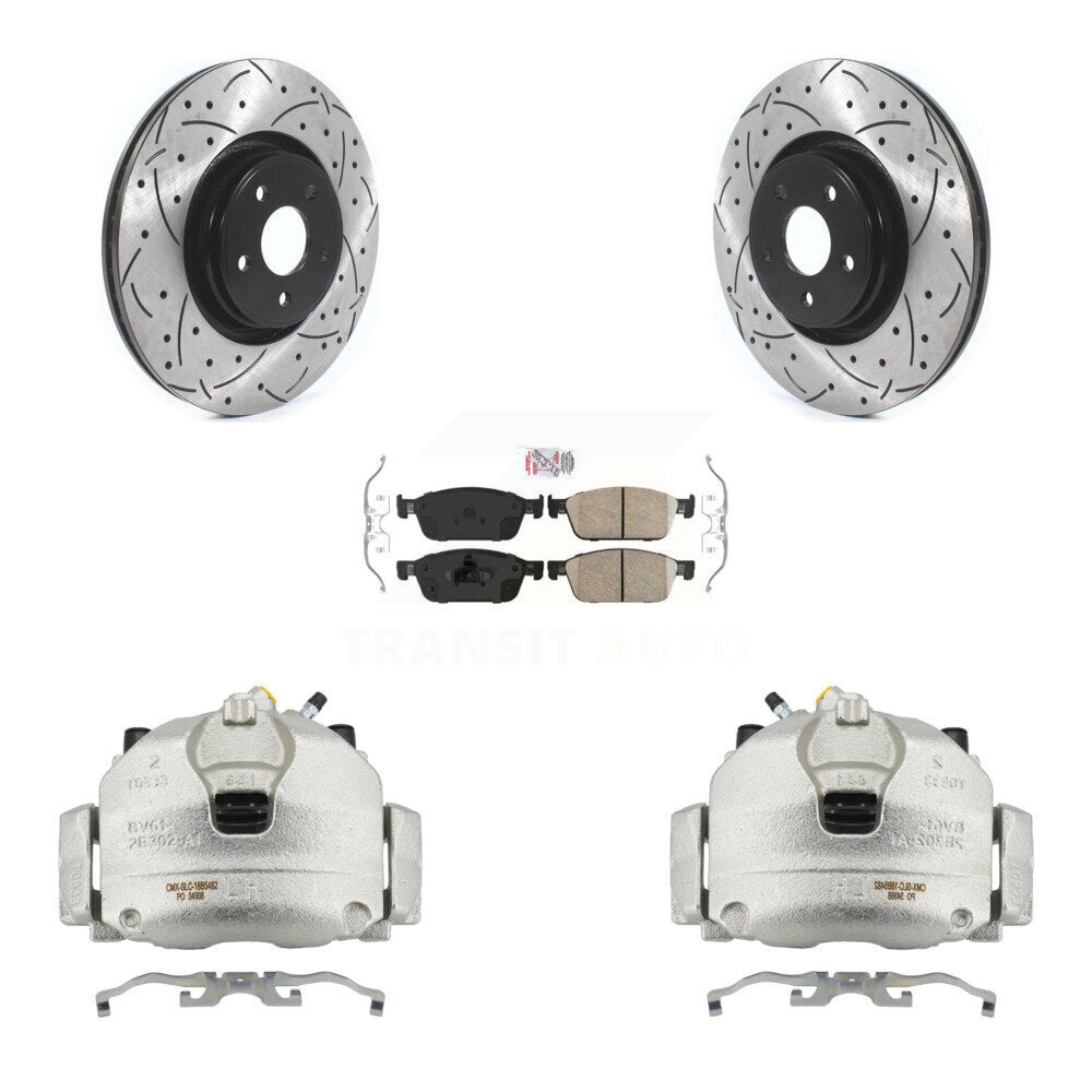 Front Disc Brake Coated Caliper Drilled Slotted Rotors & Ceramic Pad Kit For Lincoln MKC KCD-100314N