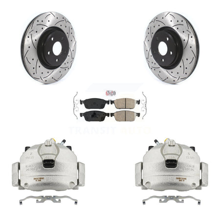 Front Disc Brake Coated Caliper Drilled Slotted Rotors & Ceramic Pad Kit For Lincoln MKC KCD-100314N