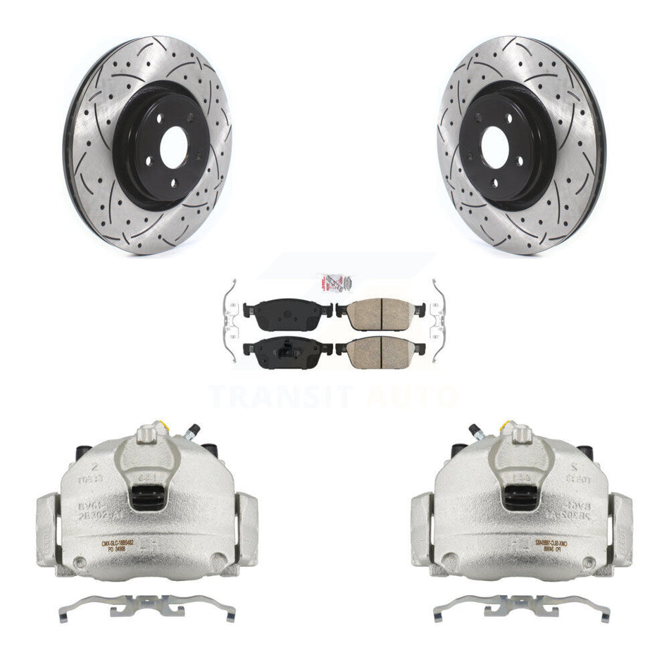 Front Disc Brake Coated Caliper Drilled Slotted Rotors & Ceramic Pad Kit For Lincoln MKC KCD-100314N