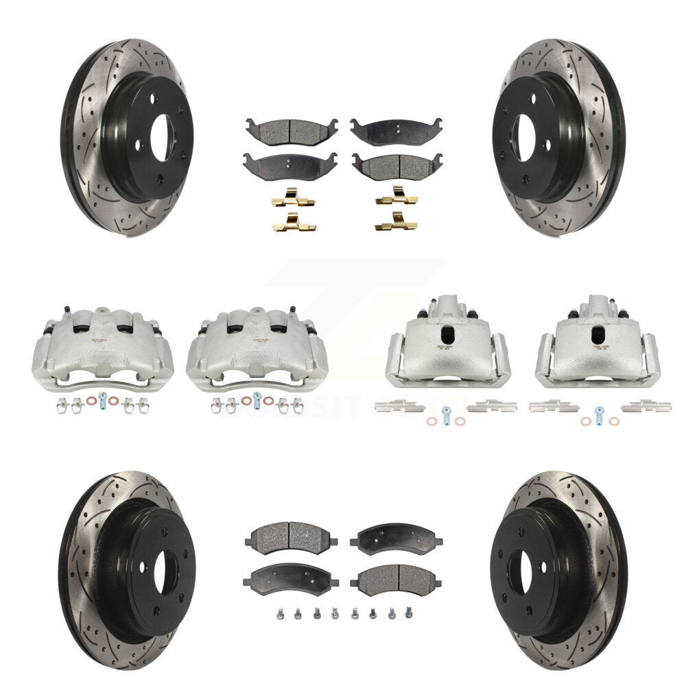 Front Rear Disc Brake Coated Caliper Drilled Slot Rotor Semi-Metallic Pad Kit (10Pc) For KCD-100323P
