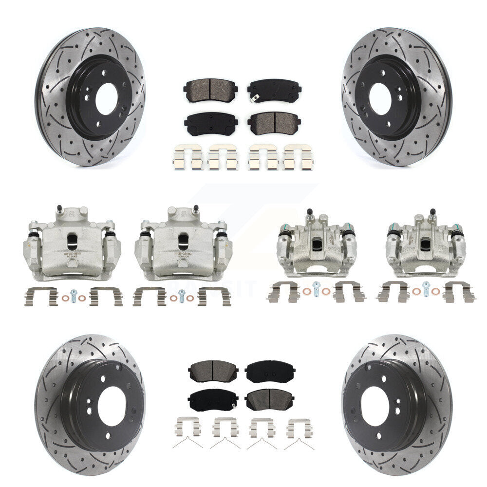 Front Rear Disc Brake Coated Caliper Drilled Slot Rotor Semi-Metallic Pad Kit (10Pc) For KCD-100328S