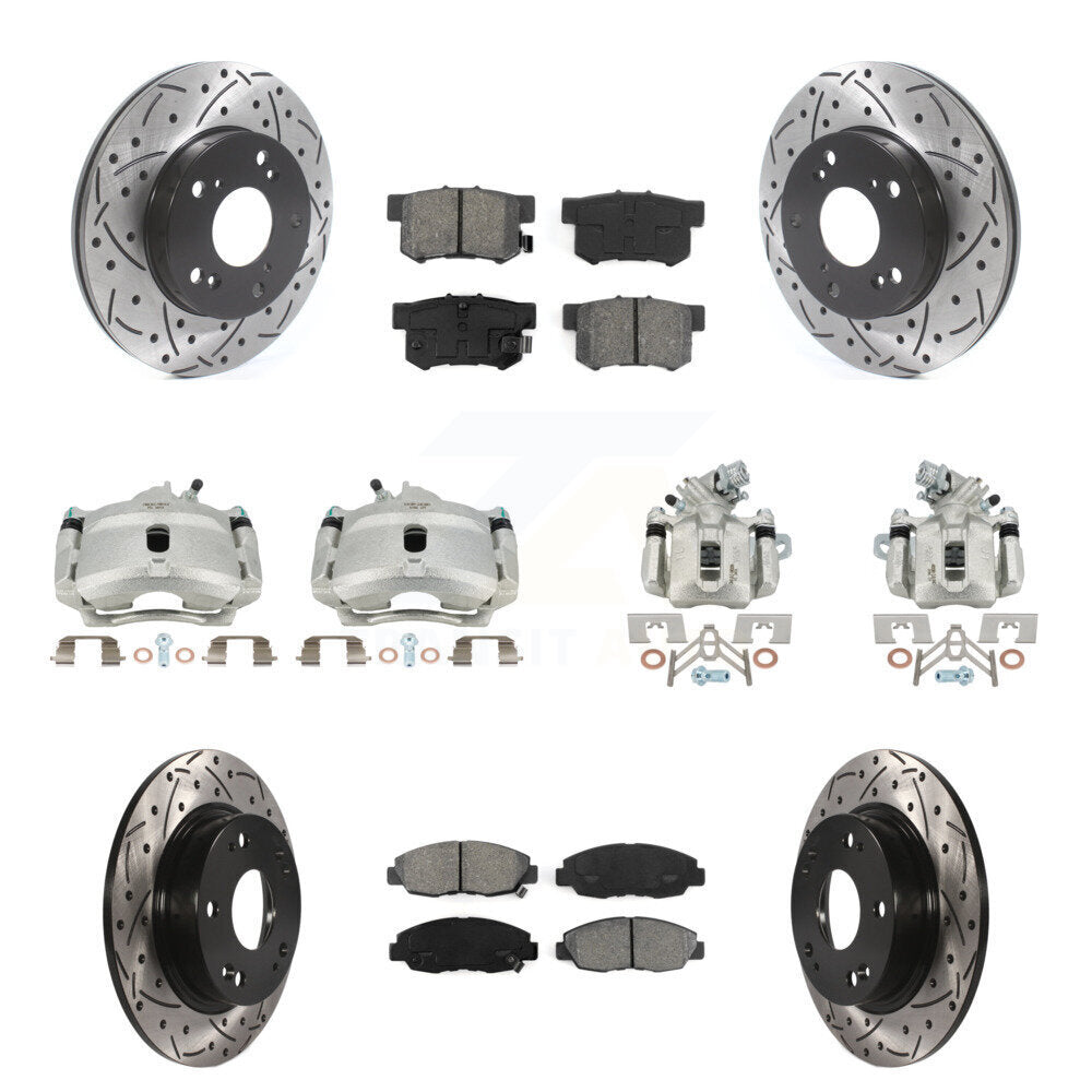 Front Rear Brake Caliper Drilled Slot Rotor Semi-Metallic Pad Kit (10Pc) For Honda Civic KCD-100331S
