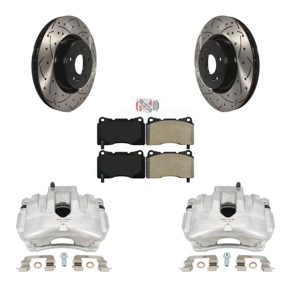 Front Disc Brake Coated Caliper Drilled Slotted Rotors And Semi-Metallic Pads Kit For Hyundai Genesis Coupe With Single Piston Calipers KCD-100339N by Transit Auto