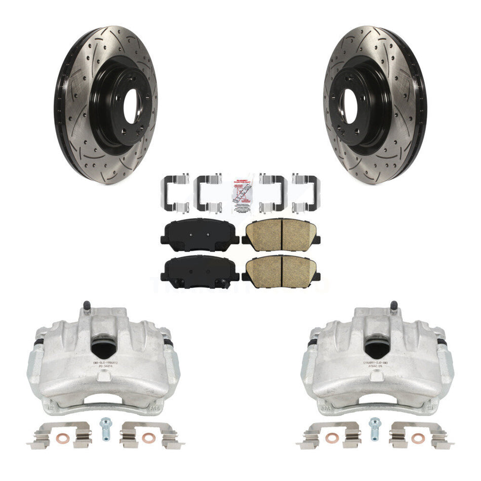 Front Disc Brake Coated Caliper Drilled Slotted Rotors And Ceramic Pads Kit For Hyundai Genesis Coupe With Single Piston Calipers KCD-100340N by Transit Auto