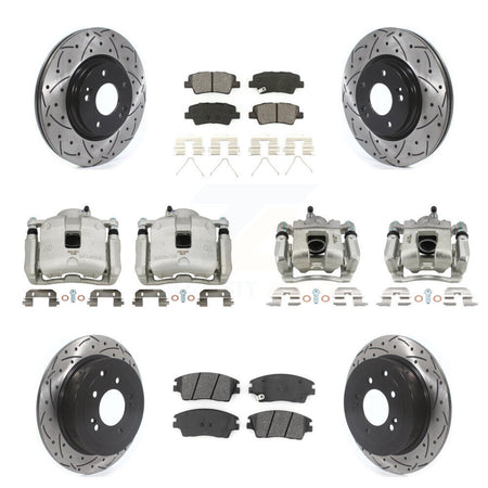 Front Rear Brake Caliper Drilled Slot Rotor Semi-Metallic Pad Kit (10Pc) For Hyundai Kia KCD-100352S