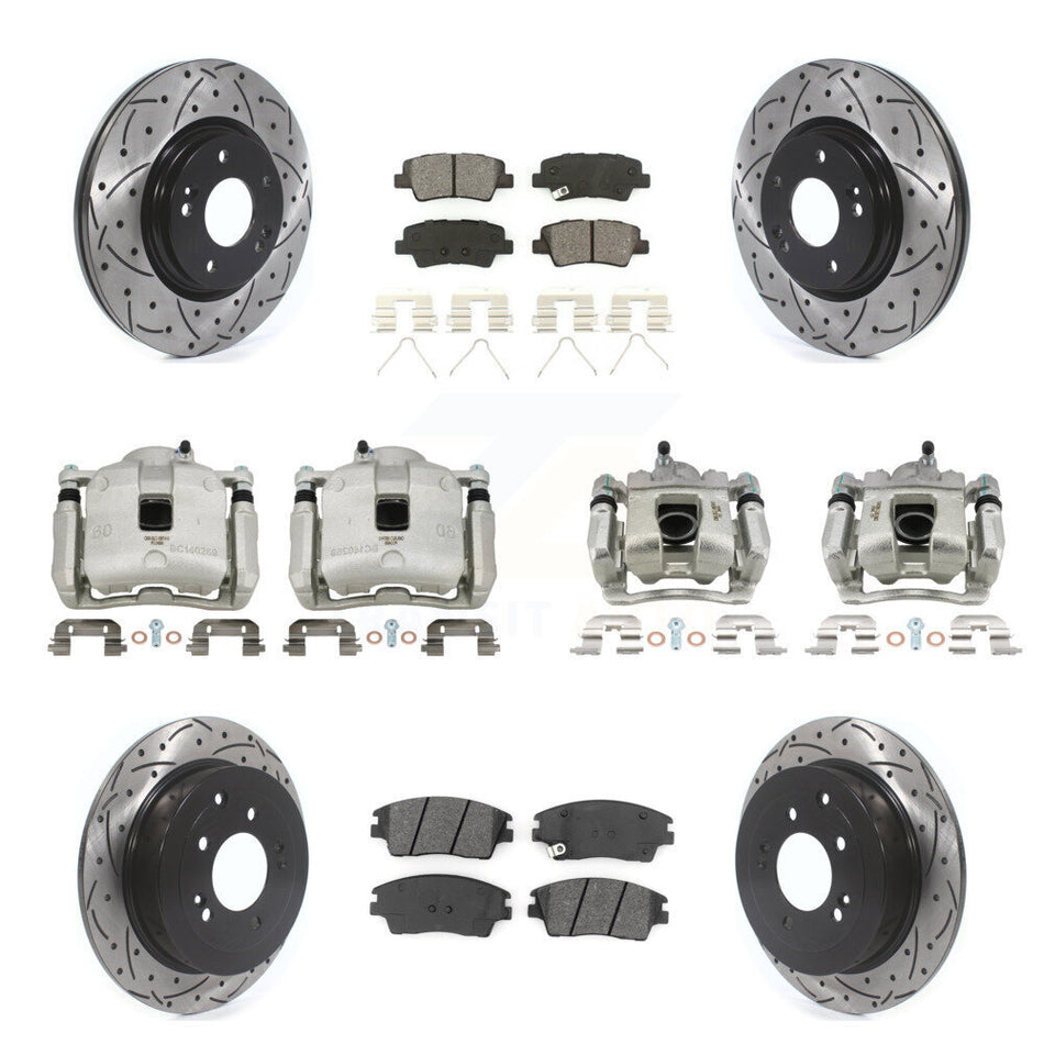 Front Rear Brake Caliper Drilled Slot Rotor Semi-Metallic Pad Kit (10Pc) For Hyundai Kia KCD-100352S