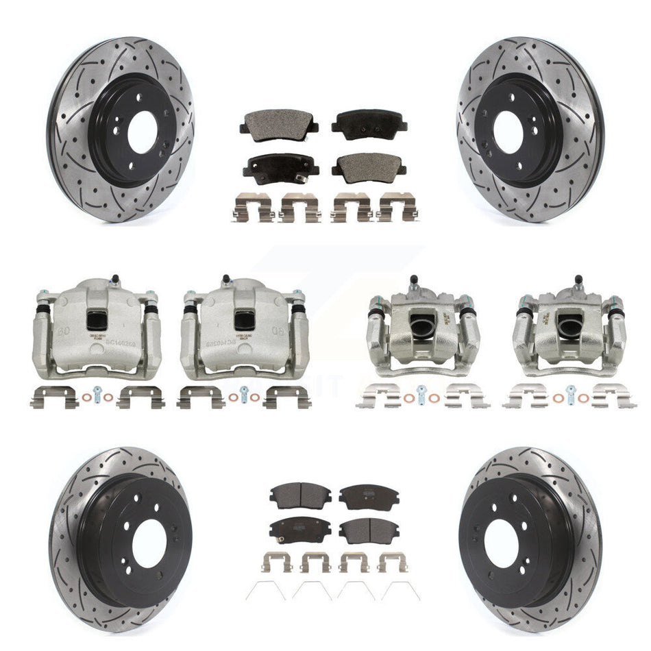 Front Rear Brake Caliper Drilled Slot Rotor Semi-Metallic Pad Kit (10Pc) For Hyundai Kia KCD-100359P