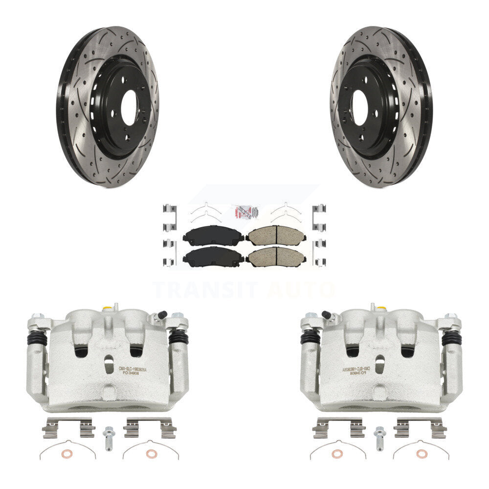 Front Brake Caliper Drill Slot Rotor Ceramic Pad Kit For Honda Pilot Ridgeline Acura MDX KCD-100360N