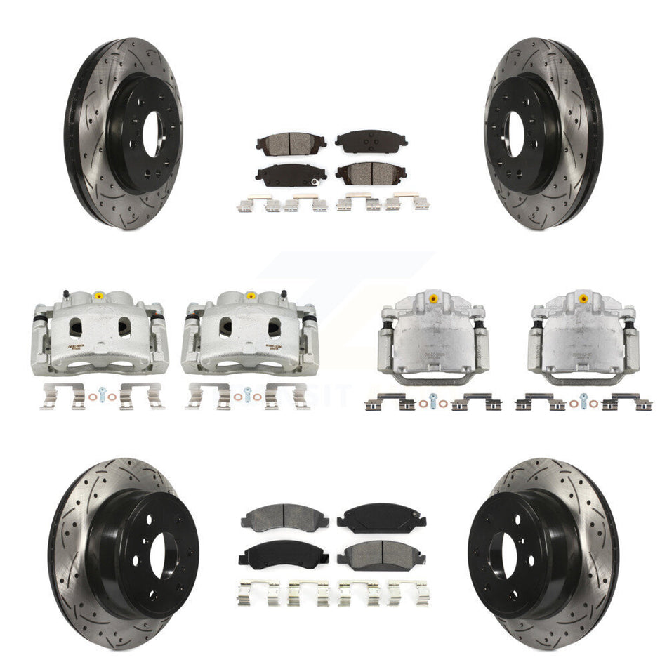 Front Rear Brake Caliper Drill Slot Rotor Semi-Metallic Pad Kit (10Pc) For GMC Sierra XL KCD-100361S