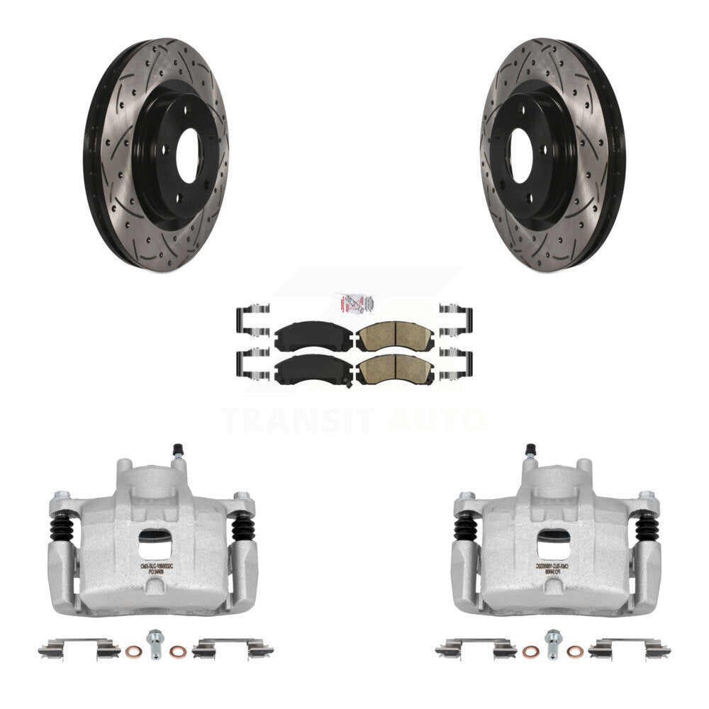 Front Disc Brake Coated Caliper Drilled Slot Rotor Ceramic Pad Kit For Mitsubishi Lancer KCD-100365N