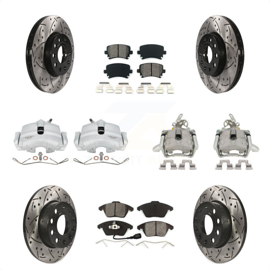 Front Rear Disc Brake Coated Caliper Drilled Slotted Rotors And Semi-Metallic Pads Kit (10Pc) For 2006-2009 Volkswagen Rabbit KCD-100366S by Transit Auto