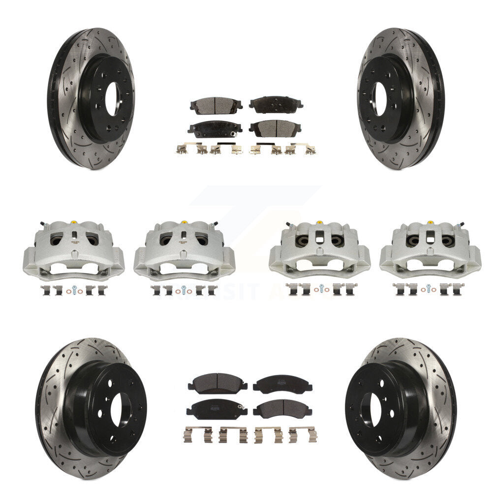 Front Rear Disc Brake Coated Caliper Drilled Slot Rotor Semi-Metallic Pad Kit (10Pc) For KCD-100367P