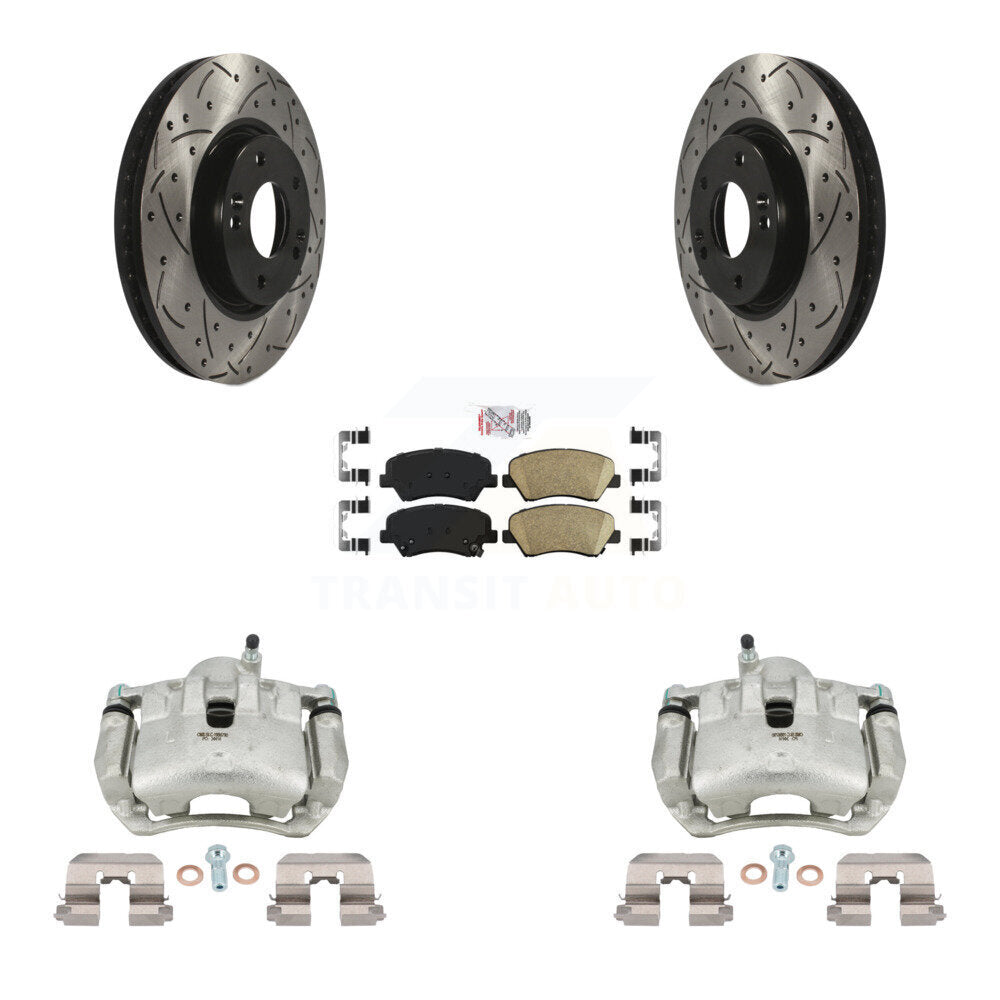 Front Disc Brake Coated Caliper Drilled Slotted Rotors And Ceramic Pad Kit For Kia Forte KCD-100370N
