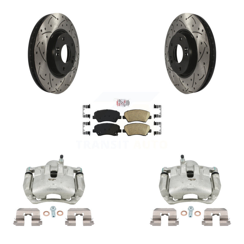 Front Disc Brake Coated Caliper Drilled Slotted Rotors And Ceramic Pad Kit For Kia Forte KCD-100370N