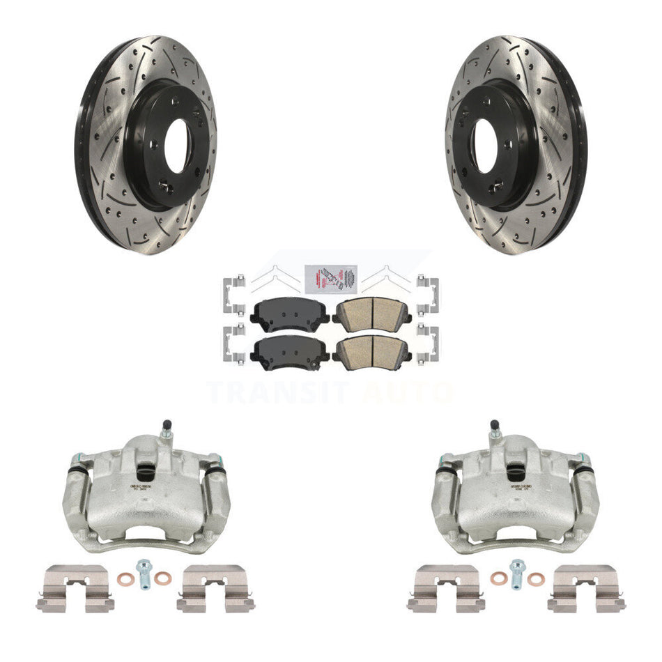 Front Brake Caliper Drill Slotted Rotor Ceramic Pad Kit For Kia Forte Hyundai Elantra GT KCD-100371N