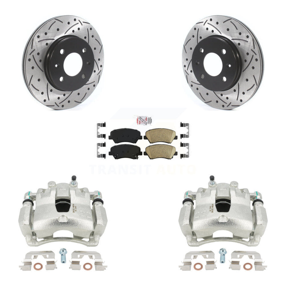 Front Disc Brake Coated Caliper Drilled Slotted Rotors And Ceramic Pads Kit For Hyundai Accent Kia Rio KCD-100376N by Transit Auto