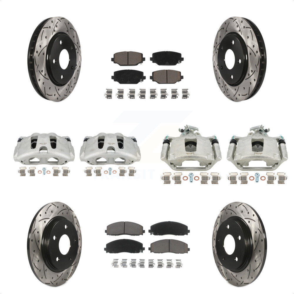 Front Rear Disc Brake Coated Caliper Drilled Slotted Rotors And Ceramic Pads Kit (10Pc) For 2017-2018 Dodge Grand Caravan With Single Piston KCD-100379C by Transit Auto