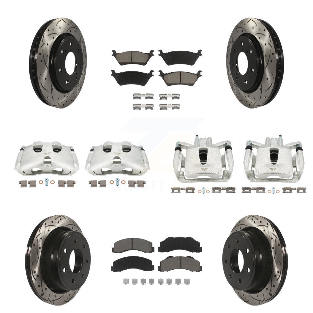 Front Rear Disc Brake Coated Caliper Drilled Slotted Rotors And Ceramic Pads Kit (10Pc) For 2012-2014 Ford F-150 With 7 Lug Wheels KCD-100387C by Transit Auto