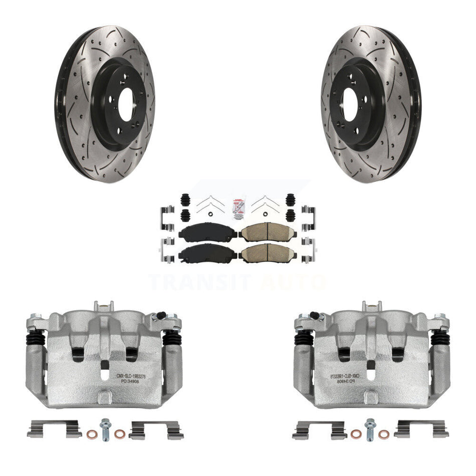 Front Disc Brake Coated Caliper Drilled Slotted Rotors Ceramic Pad Kit For Acura MDX ZDX KCD-100396N