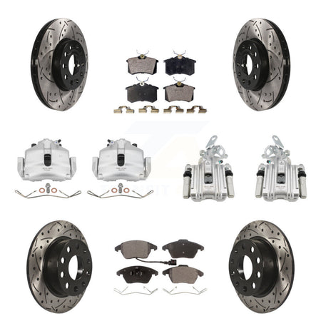 Front Rear Brake Caliper Drill Slotted Rotor Ceramic Pad Kit (10Pc) For Volkswagen Jetta KCD-100397T